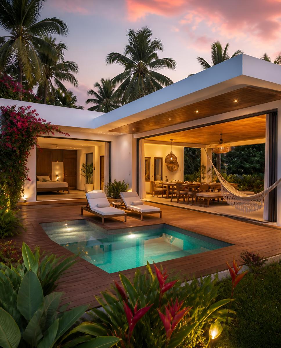 Villa deck with a private plunge pool and lounge chairs at sunset