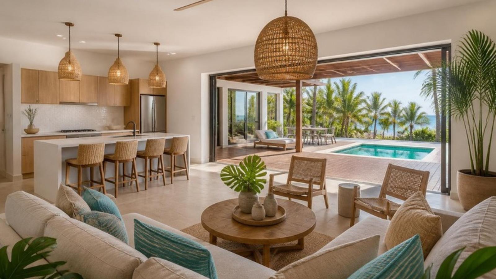 Open living room and kitchen with island seating, glass doors to the pool