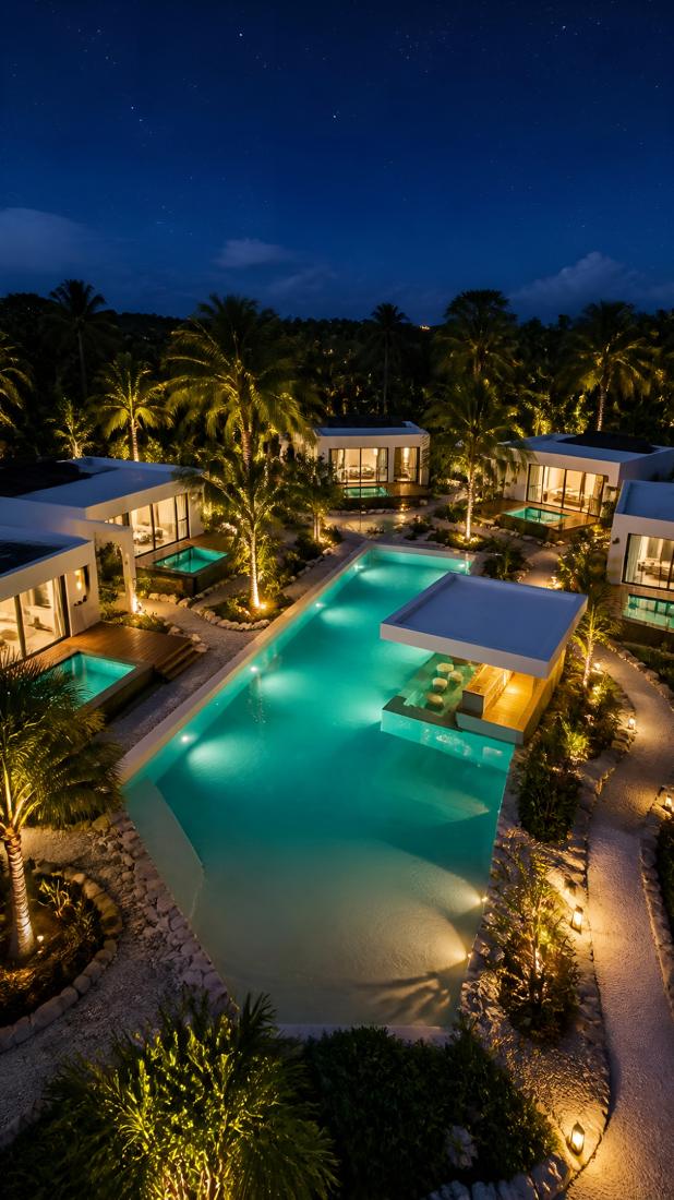 The park at night with lit villas, palms and pools