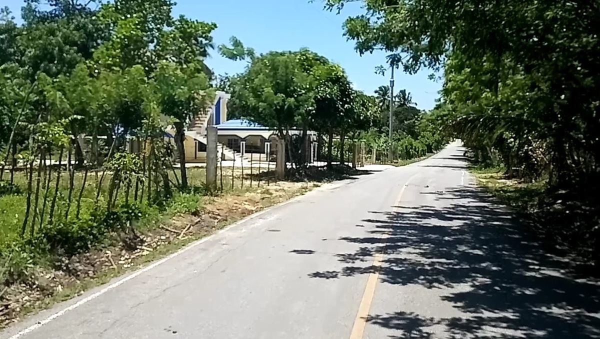 The paved road along the park lot, with the fence and power line