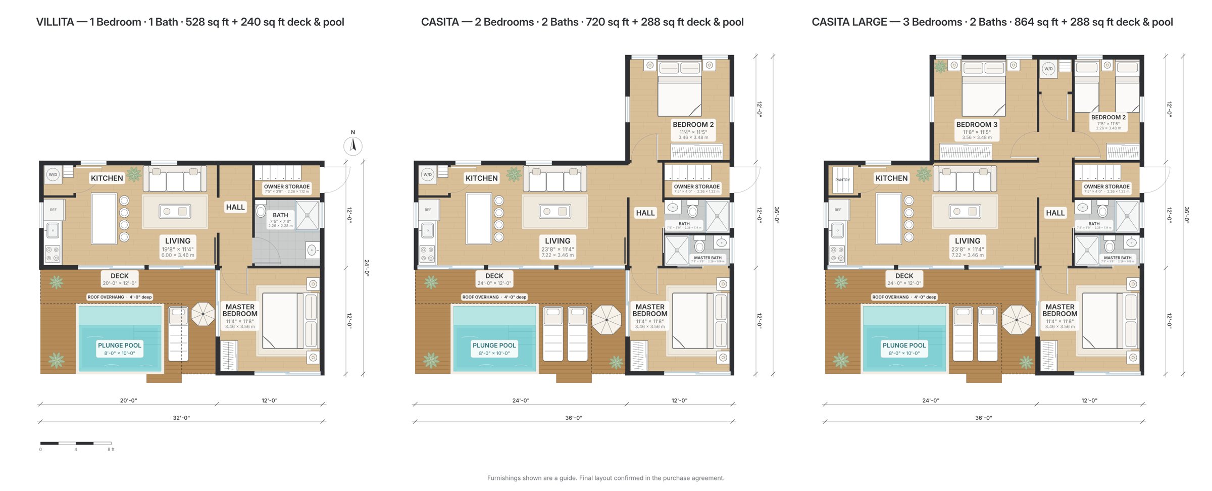 Floor plans of the Villita (1 bed), Casita (2 bed) and Casita Large (3 bed), each with living room facing the deck and plunge pool, kitchen island, washer and dryer, and locked co-owner storage